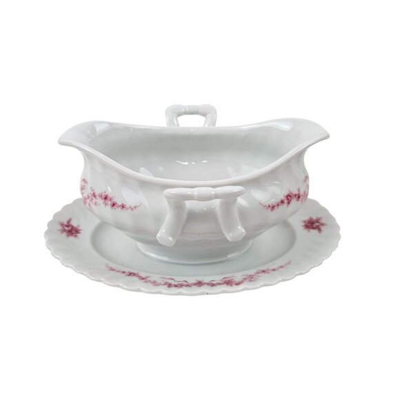 Kaiser W Germany Carolin Porcelain Gravy Boat Attached Underplate Pink Floral - Picture 1 of 10